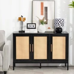 Black Wood 47.24 In. W Rattan Contemporary Storage Sideboard With Adjustable Legs -Jearey black jearey sideboards buffet tables smg black 31 1000