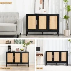 Black Wood 47.24 In. W Rattan Contemporary Storage Sideboard With Adjustable Legs -Jearey black jearey sideboards buffet tables smg black 44 1000