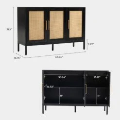 Black Wood 47.24 In. W Rattan Contemporary Storage Sideboard With Adjustable Legs -Jearey black jearey sideboards buffet tables smg black 66 1000