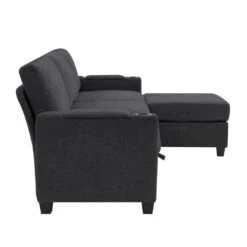 Modern 91 In. Black Chenille Square Arm L-Shaped Storage Sofa With Cup Holder And Ottoman For Living -Jearey black jearey sofas couches xnecw 3 black 1f 1000