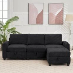 Modern 91 In. Black Chenille Square Arm L-Shaped Storage Sofa With Cup Holder And Ottoman For Living