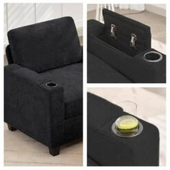 Modern 91 In. Black Chenille Square Arm L-Shaped Storage Sofa With Cup Holder And Ottoman For Living -Jearey black jearey sofas couches xnecw 3 black c3 1000