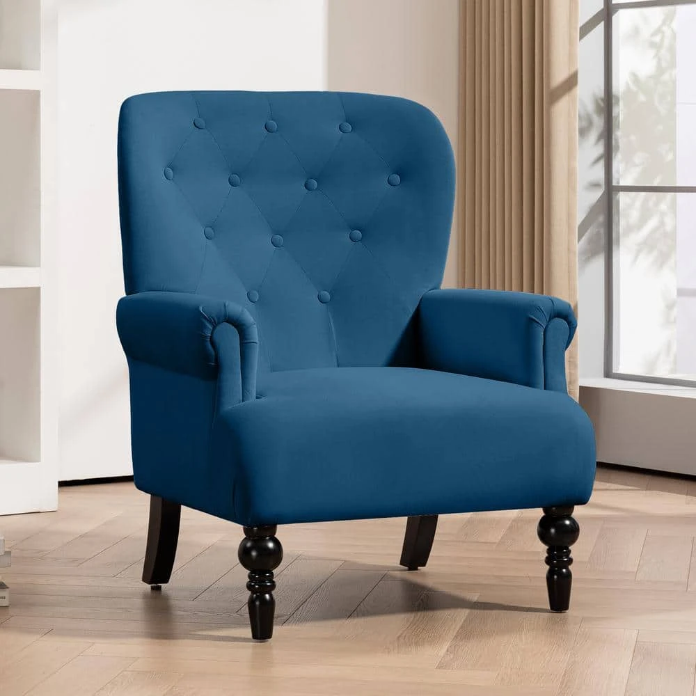 Lola Modern Upholstered Velvet Blue Accent Armchair With Extra Large Back And Wood Leg For Living Room Bedroom 1 Lola Modern Upholstered Velvet Blue Accent Armchair With Extra Large Back And Wood Leg For Living Room Bedroom
