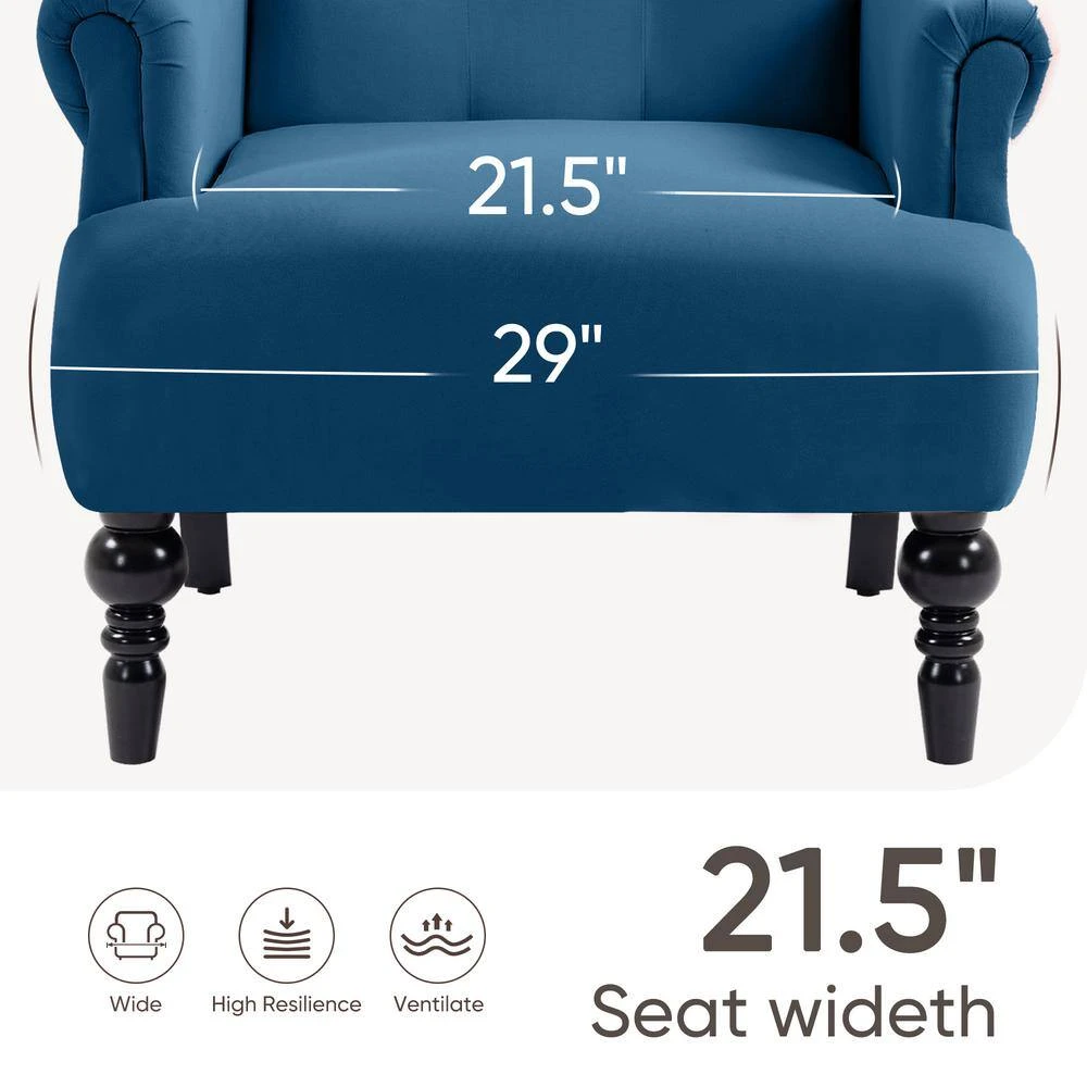 Lola Modern Upholstered Velvet Blue Accent Armchair With Extra Large Back And Wood Leg For Living Room Bedroom 3 Lola Modern Upholstered Velvet Blue Accent Armchair With Extra Large Back And Wood Leg For Living Room Bedroom - Image 3
