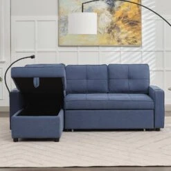 82.3 In. Blue Multi-functional Fabric Queen Size Sofa Bed With Cup Holder USB Port And Side Pockets -Jearey blue jearey sofa beds rmlc blue 44 1000