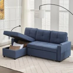 82.3 In. Blue Multi-functional Fabric Queen Size Sofa Bed With Cup Holder USB Port And Side Pockets -Jearey blue jearey sofa beds rmlc blue 4f 1000