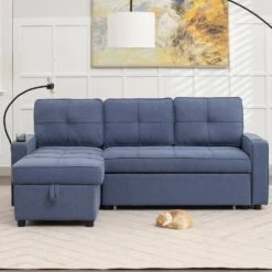 82.3 In. Blue Multi-functional Fabric Queen Size Sofa Bed With Cup Holder USB Port And Side Pockets