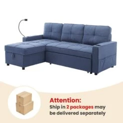 82.3 In. Blue Multi-functional Fabric Queen Size Sofa Bed With Cup Holder USB Port And Side Pockets -Jearey blue jearey sofa beds rmlc blue 66 1000