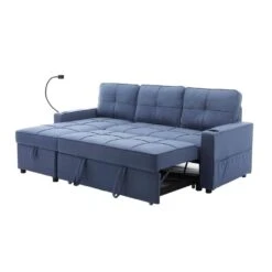 82.3 In. Blue Multi-functional Fabric Queen Size Sofa Bed With Cup Holder USB Port And Side Pockets -Jearey blue jearey sofa beds rmlc blue c3 1000