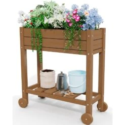 HDPE Outdoor Raised Garden Bed With Wheels In Brown