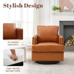 Brown PU Leather 360° Swivel Nailhead Trim Button-tufted Accent Arm Chair With Cushion -Jearey brown jearey accent chairs pewy brown 1f 1000