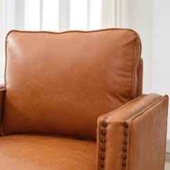 Brown PU Leather 360° Swivel Nailhead Trim Button-tufted Accent Arm Chair With Cushion -Jearey brown jearey accent chairs pewy brown 31 1000