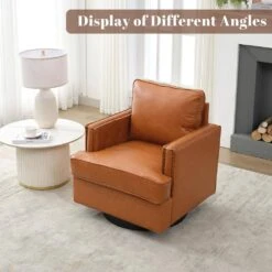 Brown PU Leather 360° Swivel Nailhead Trim Button-tufted Accent Arm Chair With Cushion -Jearey brown jearey accent chairs pewy brown 44 1000