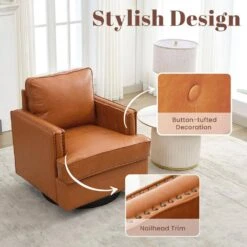 Brown PU Leather 360° Swivel Nailhead Trim Button-tufted Accent Arm Chair With Cushion -Jearey brown jearey accent chairs pewy brown 4f 1000