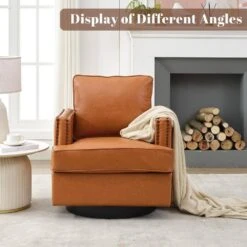 Brown PU Leather 360° Swivel Nailhead Trim Button-tufted Accent Arm Chair With Cushion -Jearey brown jearey accent chairs pewy brown fa 1000