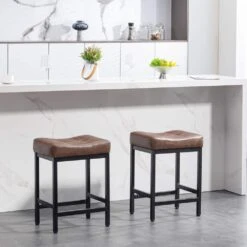 Peel Modern 24 In. Counter Height Faux Leather Brown Bar Stools For Kitchen Set Of 2