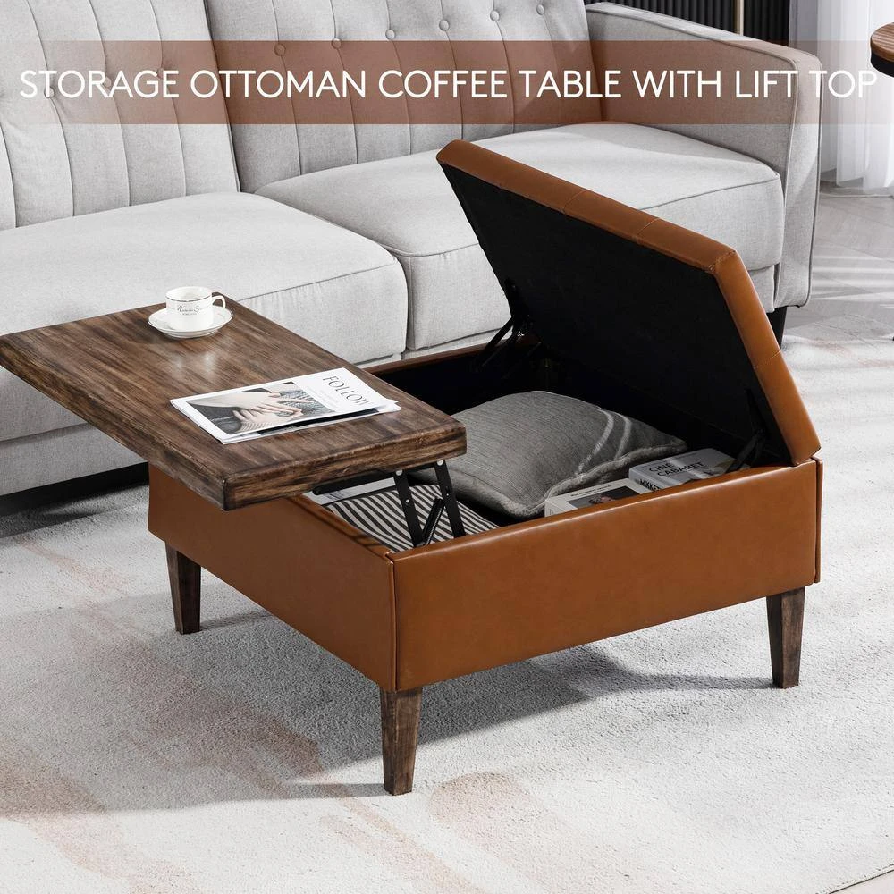 Brown Faux Leather And Solid Wood Duplex Tufted Upholstered Lift-Top Ottoman Bench With Large Square Storage 6 Brown Faux Leather And Solid Wood Duplex Tufted Upholstered Lift-Top Ottoman Bench With Large Square Storage - Image 6