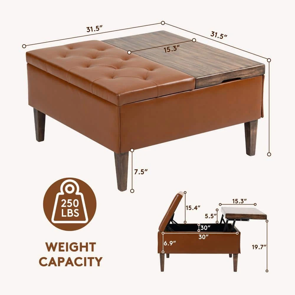 Brown Faux Leather And Solid Wood Duplex Tufted Upholstered Lift-Top Ottoman Bench With Large Square Storage 3 Brown Faux Leather And Solid Wood Duplex Tufted Upholstered Lift-Top Ottoman Bench With Large Square Storage - Image 3