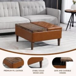 Brown Faux Leather And Solid Wood Duplex Tufted Upholstered Lift-Top Ottoman Bench With Large Square Storage 10 Brown Faux Leather And Solid Wood Duplex Tufted Upholstered Lift-Top Ottoman Bench With Large Square Storage -Jearey brown jearey ottomans e91gjd hd bn c3 1000