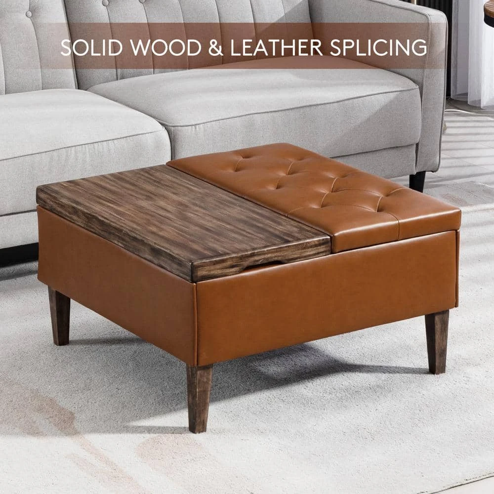 Brown Faux Leather And Solid Wood Duplex Tufted Upholstered Lift-Top Ottoman Bench With Large Square Storage 2 Brown Faux Leather And Solid Wood Duplex Tufted Upholstered Lift-Top Ottoman Bench With Large Square Storage - Image 2