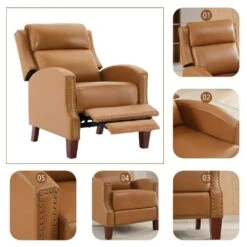 Classic Vintage Cigar Camel Hand Push Leather Recliner With Nailhead Trim -Jearey camel jearey recliners rc ts camel 4f 1000
