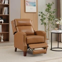 Classic Vintage Cigar Camel Hand Push Leather Recliner With Nailhead Trim -Jearey camel jearey recliners rc ts camel 76 1000