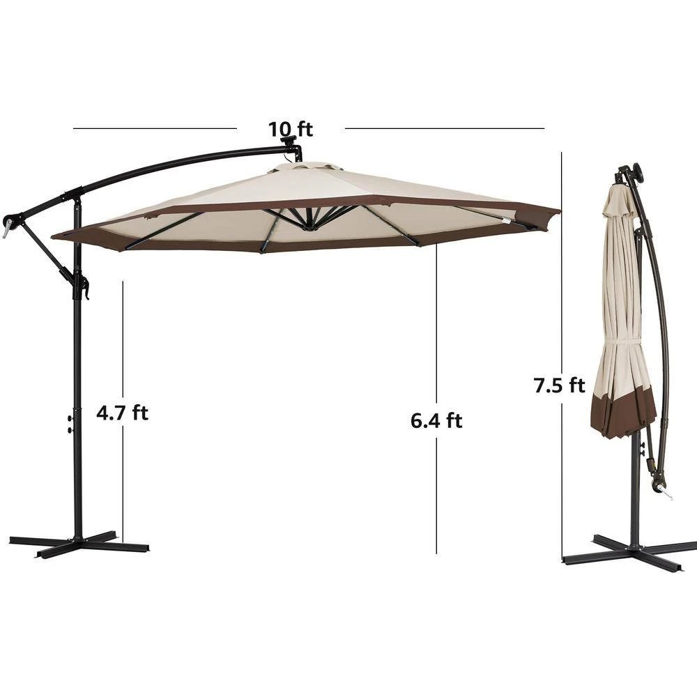 10 Ft. Steel Solar Lighted Cantilever Patio Umbrellas With Sandbag Weighted Base In Beige And Brown Splicing 4 10 Ft. Steel Solar Lighted Cantilever Patio Umbrellas With Sandbag Weighted Base In Beige And Brown Splicing - Image 4