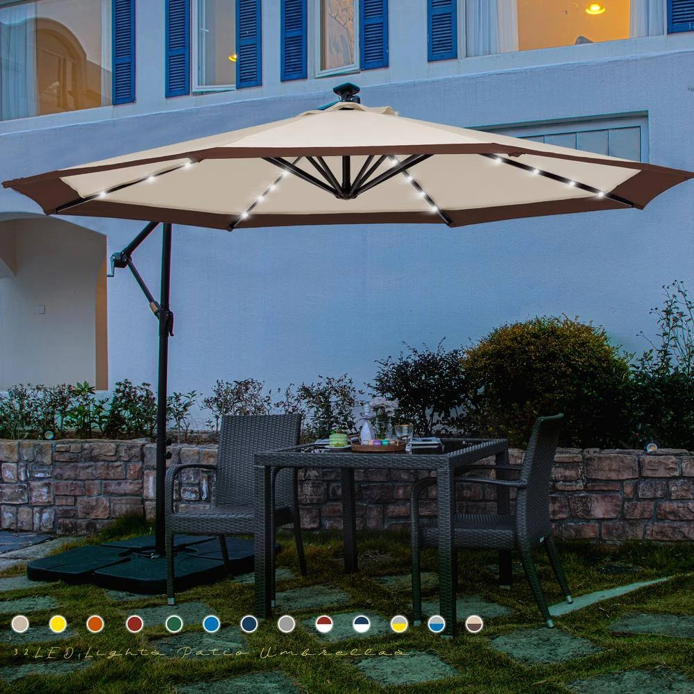 10 Ft. Steel Solar Lighted Cantilever Patio Umbrellas With Sandbag Weighted Base In Beige And Brown Splicing 2 10 Ft. Steel Solar Lighted Cantilever Patio Umbrellas With Sandbag Weighted Base In Beige And Brown Splicing - Image 2