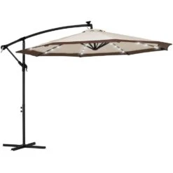 10 Ft. Steel Solar Lighted Cantilever Patio Umbrellas With Sandbag Weighted Base In Beige And Brown Splicing