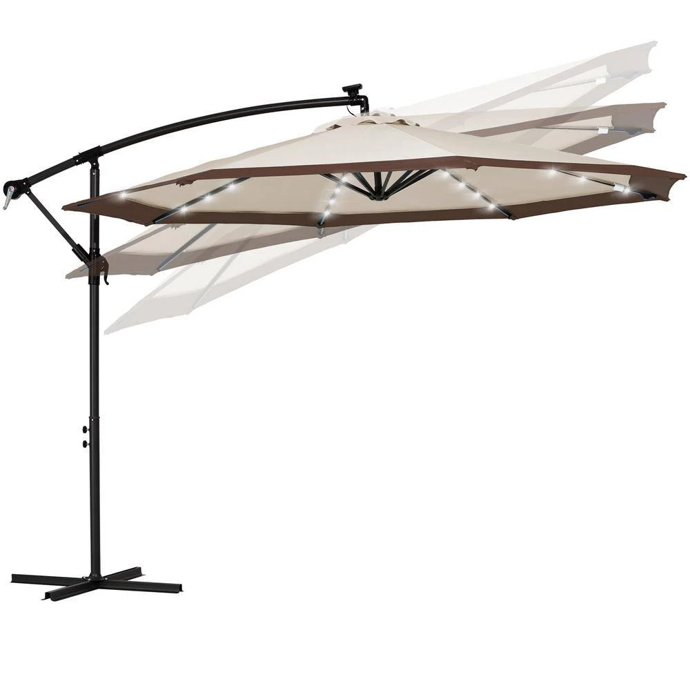 10 Ft. Steel Solar Lighted Cantilever Patio Umbrellas With Sandbag Weighted Base In Beige And Brown Splicing 6 10 Ft. Steel Solar Lighted Cantilever Patio Umbrellas With Sandbag Weighted Base In Beige And Brown Splicing - Image 6