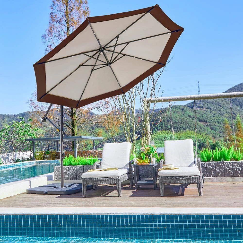 10 Ft. Steel Solar Lighted Cantilever Patio Umbrellas With Sandbag Weighted Base In Beige And Brown Splicing 7 10 Ft. Steel Solar Lighted Cantilever Patio Umbrellas With Sandbag Weighted Base In Beige And Brown Splicing - Image 7
