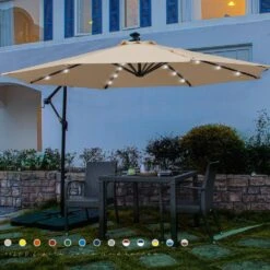 10 Ft. Steel Solar Lighted Cantilever Patio Umbrellas With Sandbag Weighted Base In Beige -Jearey cantilever umbrellas 10dzxj beige 40 1000