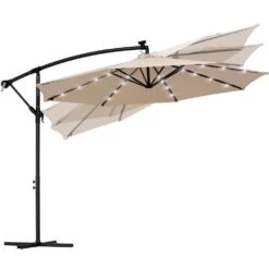 10 Ft. Steel Solar Lighted Cantilever Patio Umbrellas With Sandbag Weighted Base In Beige -Jearey cantilever umbrellas 10dzxj beige 77 1000