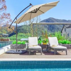 10 Ft. Steel Solar Lighted Cantilever Patio Umbrellas With Sandbag Weighted Base In Beige -Jearey cantilever umbrellas 10dzxj beige d4 1000