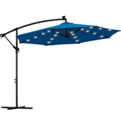 10 Ft. Steel Solar Lighted Cantilever Patio Umbrellas With Sandbag Weighted Base In Blue