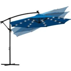 10 Ft. Steel Solar Lighted Cantilever Patio Umbrellas With Sandbag Weighted Base In Blue -Jearey cantilever umbrellas 10dzxj blue 77 1000