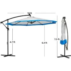 10 Ft. Steel Solar Lighted Cantilever Patio Umbrellas With Sandbag Weighted Base In Gray And Blue Splicing -Jearey cantilever umbrellas 10dzxj g b 1d 1000