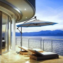 10 Ft. Steel Solar Lighted Cantilever Patio Umbrellas With Sandbag Weighted Base In Gray And Blue Splicing -Jearey cantilever umbrellas 10dzxj g b 31 1000