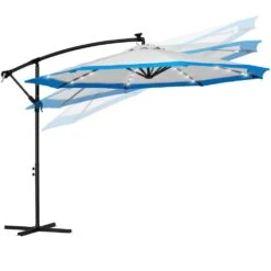 10 Ft. Steel Solar Lighted Cantilever Patio Umbrellas With Sandbag Weighted Base In Gray And Blue Splicing -Jearey cantilever umbrellas 10dzxj g b 77 1000