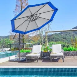10 Ft. Steel Solar Lighted Cantilever Patio Umbrellas With Sandbag Weighted Base In Gray And Blue Splicing -Jearey cantilever umbrellas 10dzxj g b d4 1000