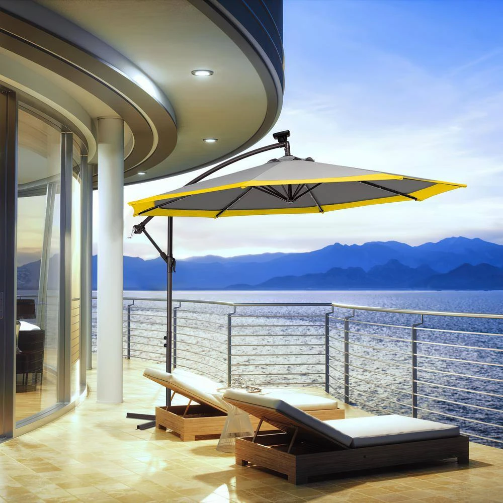 10 Ft. Steel Solar Lighted Cantilever Patio Umbrellas With Sandbag Weighted Base In Gray And Yellow Splicing 8 10 Ft. Steel Solar Lighted Cantilever Patio Umbrellas With Sandbag Weighted Base In Gray And Yellow Splicing - Image 8