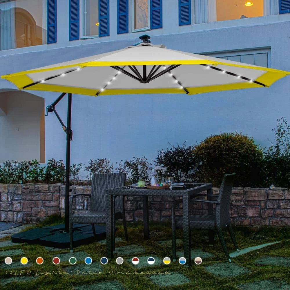 10 Ft. Steel Solar Lighted Cantilever Patio Umbrellas With Sandbag Weighted Base In Gray And Yellow Splicing 2 10 Ft. Steel Solar Lighted Cantilever Patio Umbrellas With Sandbag Weighted Base In Gray And Yellow Splicing - Image 2