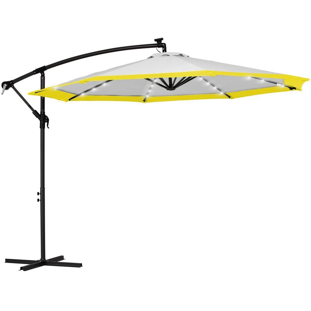 10 Ft. Steel Solar Lighted Cantilever Patio Umbrellas With Sandbag Weighted Base In Gray And Yellow Splicing 1 10 Ft. Steel Solar Lighted Cantilever Patio Umbrellas With Sandbag Weighted Base In Gray And Yellow Splicing