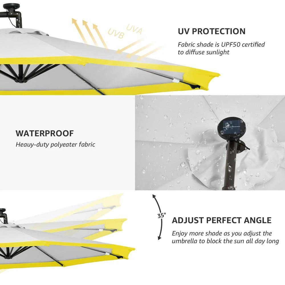 10 Ft. Steel Solar Lighted Cantilever Patio Umbrellas With Sandbag Weighted Base In Gray And Yellow Splicing 5 10 Ft. Steel Solar Lighted Cantilever Patio Umbrellas With Sandbag Weighted Base In Gray And Yellow Splicing - Image 5