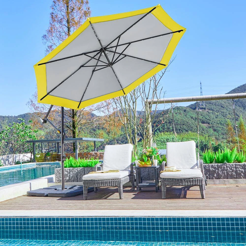 10 Ft. Steel Solar Lighted Cantilever Patio Umbrellas With Sandbag Weighted Base In Gray And Yellow Splicing 7 10 Ft. Steel Solar Lighted Cantilever Patio Umbrellas With Sandbag Weighted Base In Gray And Yellow Splicing - Image 7