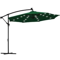 10 Ft. Steel Solar Lighted Cantilever Patio Umbrellas With Sandbag Weighted Base In Green