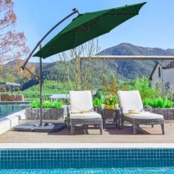 10 Ft. Steel Solar Lighted Cantilever Patio Umbrellas With Sandbag Weighted Base In Green -Jearey cantilever umbrellas 10dzxj green d4 1000