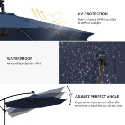 10 Ft. Steel Solar Lighted Cantilever Patio Umbrellas With Sandbag Weighted Base In Navy -Jearey cantilever umbrellas 10dzxj navy 66 1000