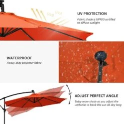 10 Ft. Steel Solar Lighted Cantilever Patio Umbrellas With Sandbag Weighted Base In Orange -Jearey cantilever umbrellas 10dzxj orange 66 1000