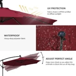 10 Ft. Steel Solar Lighted Cantilever Patio Umbrellas With Sandbag Weighted Base In Red -Jearey cantilever umbrellas 10dzxj red 66 1000